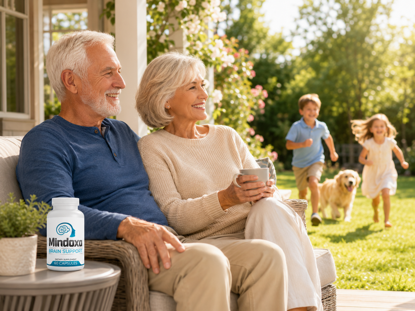 Happy older couple on a porch watching grandchildren in the garden