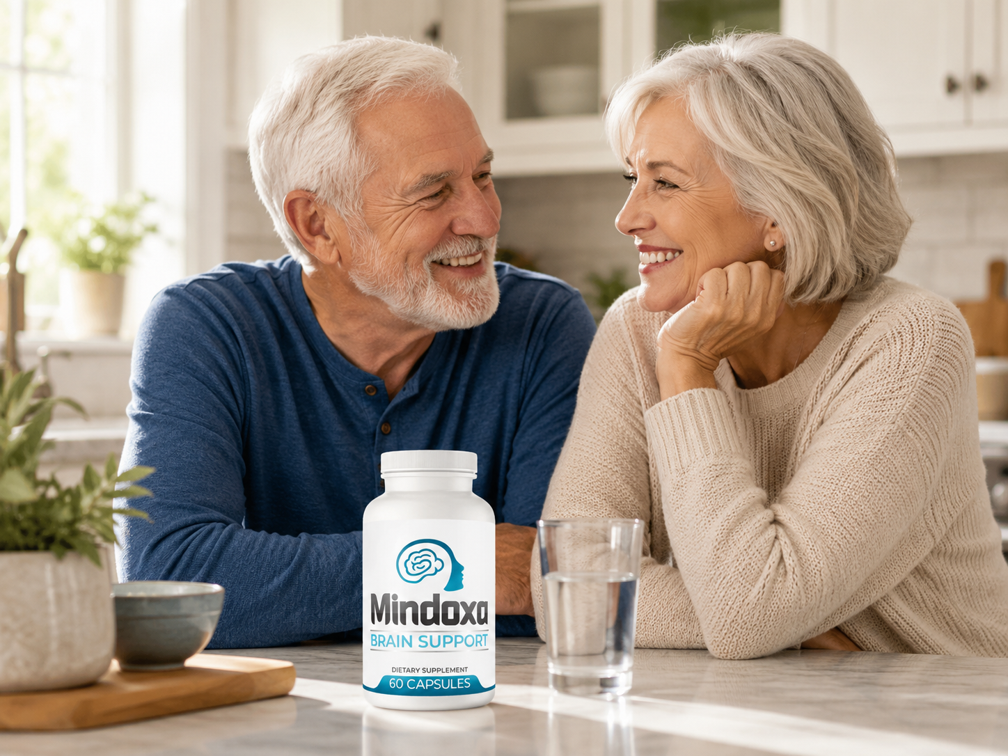 Happy older couple in a kitchen with Mindoxa and a glass of water