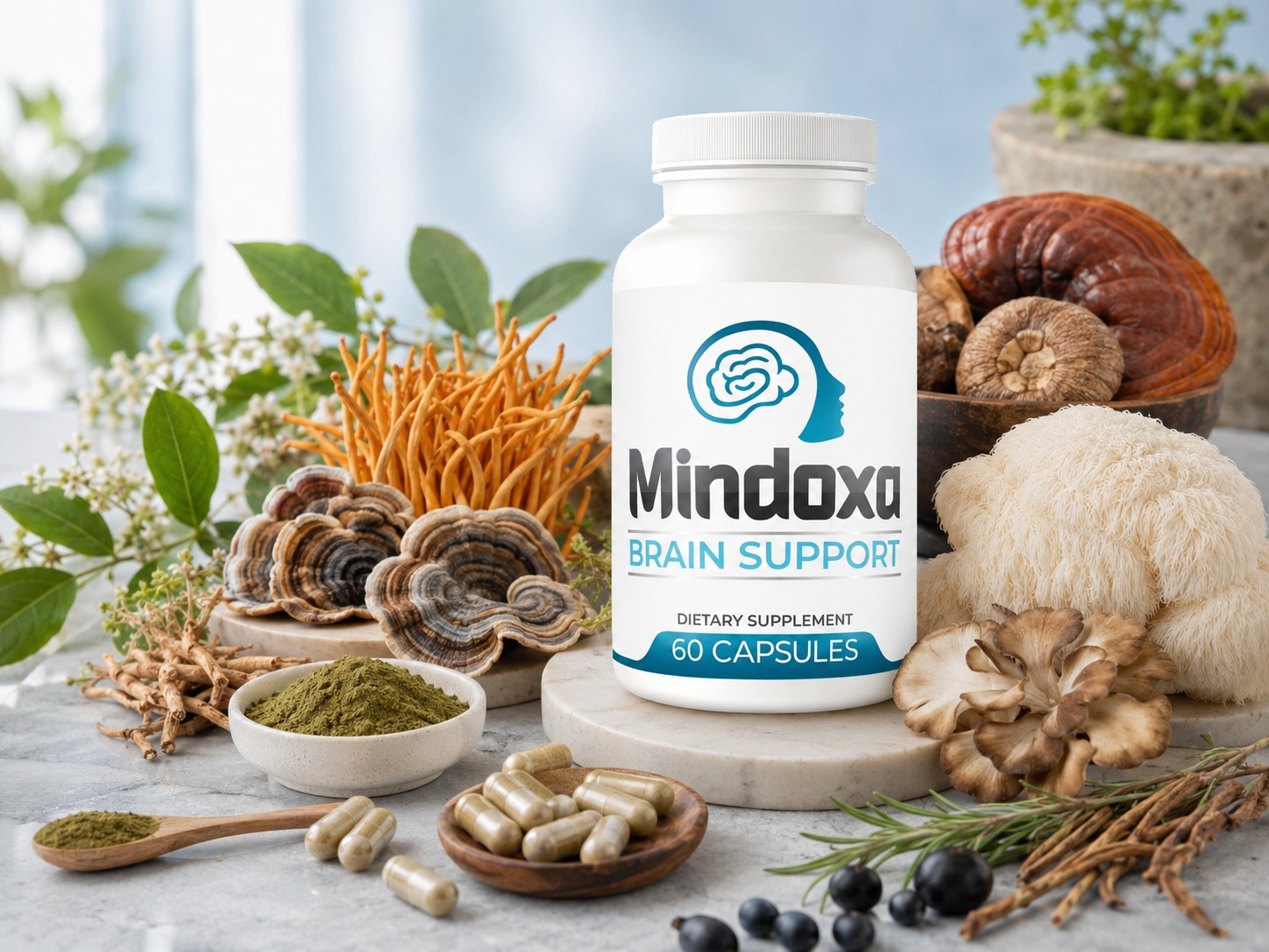Mindoxa bottle with natural mushrooms, plants and capsules