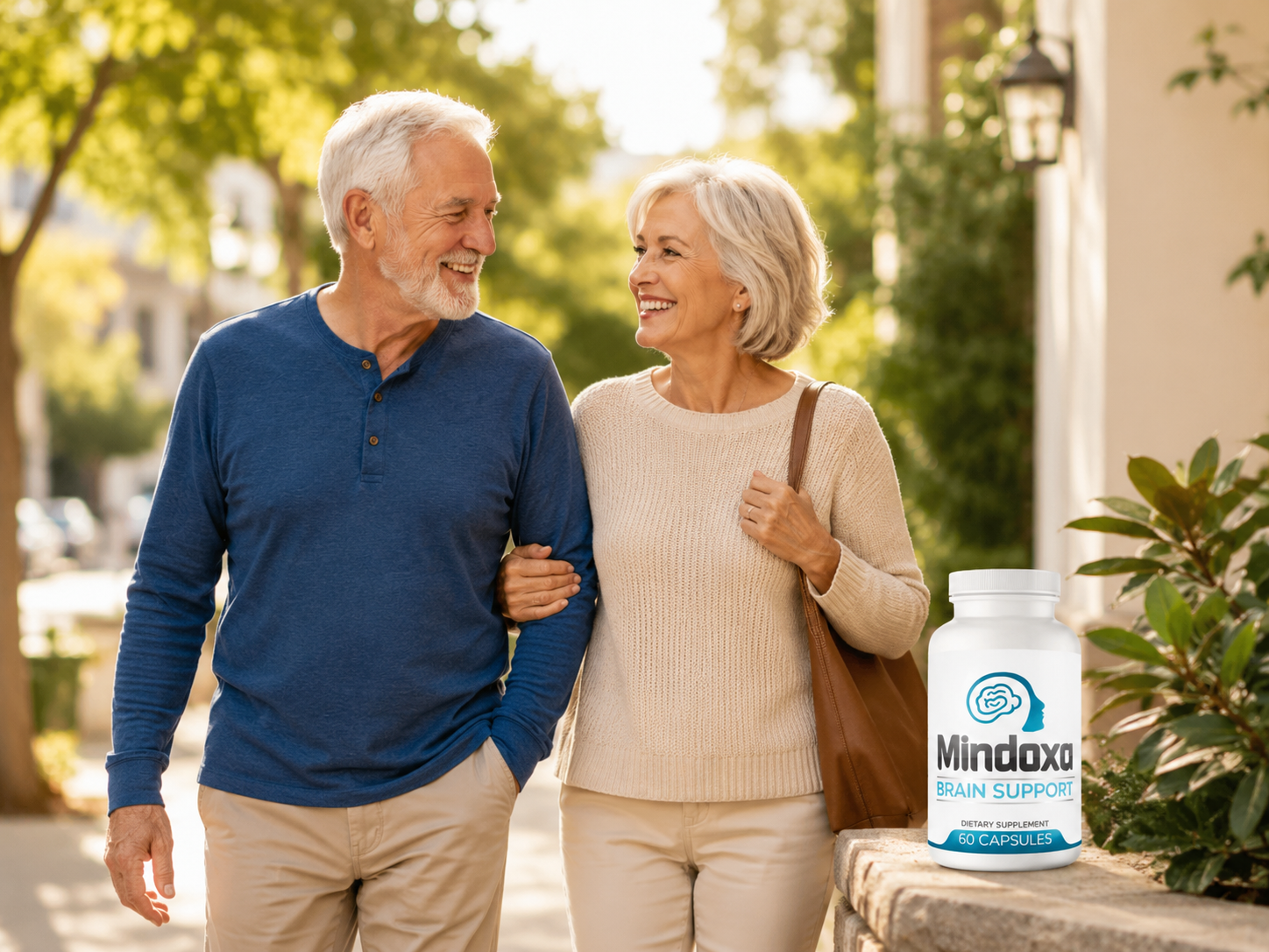 Happy older couple walking outside